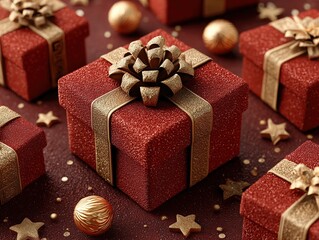 Luxurious festive gift scene overhead view: red glitter boxes with golden ribbons and decorations 3D render