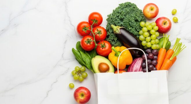 A vibrant assortment of fresh organic vegetables and fruits bursting from a white paper bag on a pristine white marble surface, ideal for vegan food delivery.