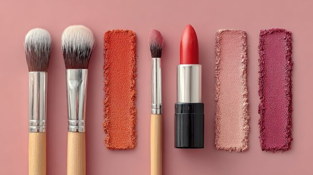 Cosmetics and makeup tools arranged on a pink surface for beauty and fashion concepts