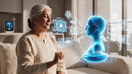 Senior Woman Embracing Future Tech - Holographic Communication and Smart Home. - Powered by Adobe