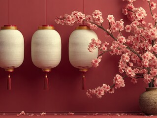 Elegant Chinese decorative scene 3D render: white gold-trimmed lanterns and pink cherry blossoms against deep red matte wall