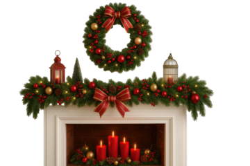 Christmas fireplace decorated with wreath garland red candles ornaments pine branches bows and glowing lights creating warm festive display isolated on white background