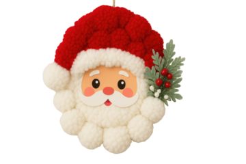 Cute fluffy Santa face ornament with soft textured beard red hat holly leaves and berries creating festive holiday decoration isolated on white background