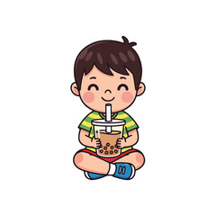 Happy Boy Drinking Boba Tea with Straw, Sitting Cross-legged, Cartoon Style