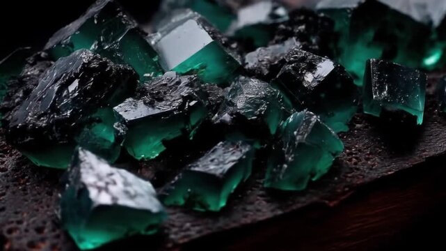 Glowing green crystalline formations clustered on dark, textured surface, illuminated dramatically