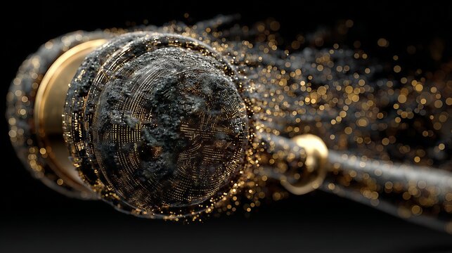 3D rendered macro close-up of judge gavel featuring dispersion effect into golden dust particles. Law disintegration, crumbling order, justice transformation, judicial corruption, or abstract power co