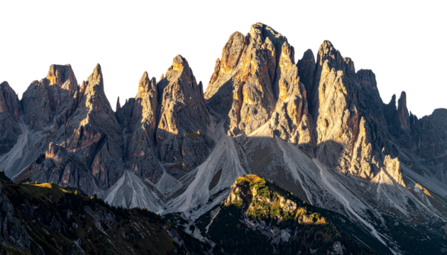 Dramatic Jagged Alpine Mountain Range Peaks Glowing in Golden Sunlight Isolated