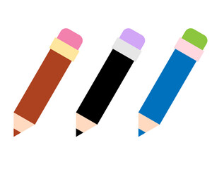 カラフルな鉛筆（えんぴつ）のアイコンセット  シンプルで可愛い！文房具のベクターイラスト Set of Colorful Pencil Icons with Erasers (Red, Black, Blue)