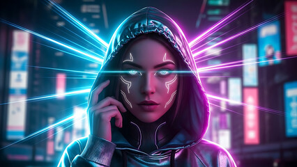Futuristic neon portrait of stylish woman in metallic hoodie with light streaks cyberpunk fashion ae 34994749 1