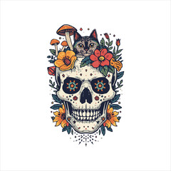 Colorful Skull Vector Set with Mushrooms and Cat Illustration,Psychedelic Skull Artwork in Modern Tattoo Style,Surreal Colorful Skull Vector Illustration Collection,Hand Drawn Skull Vector.
