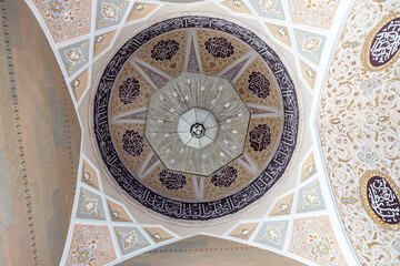 Looking up at the decorated dome of the Juma Mosque in Shamakhi, Azerbaijan
