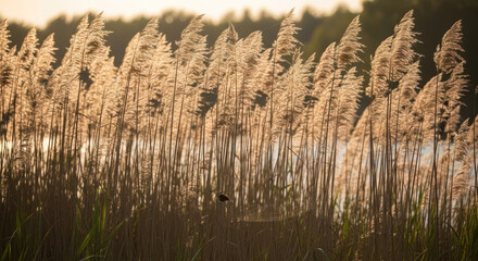 Golden light illuminates tall river reeds swaying gently in the evening breeze, creating a serene natural scene with hidden wildlife, perfect for copy space.