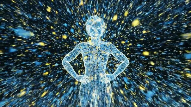 A luminous digital female figure stands confidently in a dynamic, abstract universe of data particles.