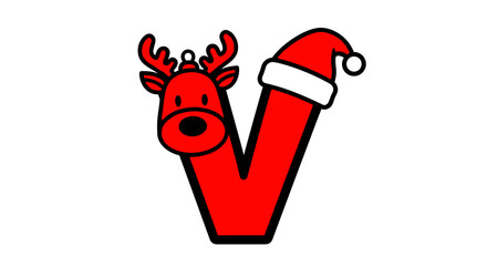 A festive red letter V adorned with a reindeer and Santa hat, perfect for Christmas.