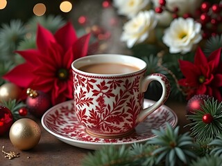 Large cup of coffee in elegant frosted red and white mug, the mug has a red holly leaf pattern in it ,  surrounded by Christmas flowers and ornaments.