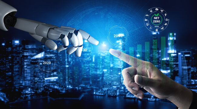 A visually striking image illustrating the interaction between human and robot, symbolizing collaboration towards sustainability and technological advancement in an urban landscape. Gantry