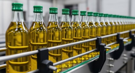 Olive Oil Bottles Moving on a Conveyor Belt in Production