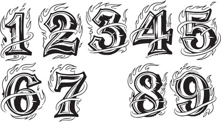A set of bold numbers from one to nine, illustrated in a black and white vintage tattoo style with flames.