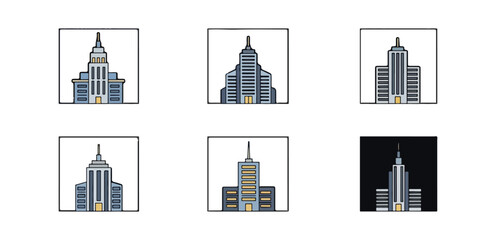 Skyscrapers and city buildings in frames architectural illustrations