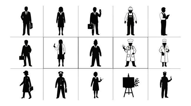 Abstract graphic of silhouetted figures in grayscale grid arrangement