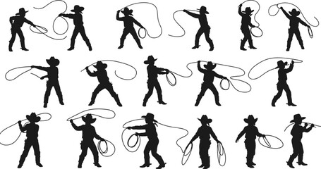 Cowboy silhouettes, lasso performance, western rodeo action, traditional attire, cowboy culture, ranch lifestyle, wild west, cowboy skills, rope tricks, adventure