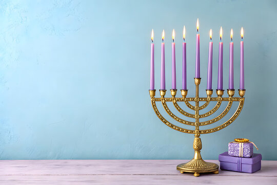 A golden menorah with lit candles stands on a light blue background. The image captures Hanukkah celebration, warmth and greeting moments. Tradition, faith, and festive light. - Powered by Adobe