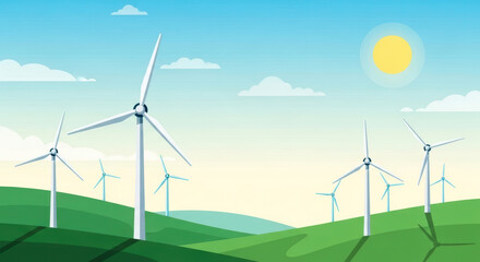Obraz premium Digital art flat design illustration of wind turbines creating renewable energy on a sunny day across green rolling hills.