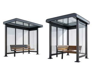 Two Modern Bus Stop Shelter Variations with Bench and Advertising Space in One Frame, isolated on transparent background