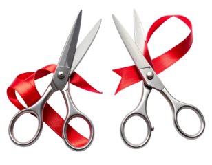 Two Silver Scissors Cutting Red Ribbon Variations in One Frame, isolated on transparent background