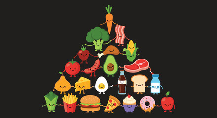 Naklejka premium Cute food pyramid made of kawaii cartoon characters holding hands, representing a balanced diet from healthy to junk food items.