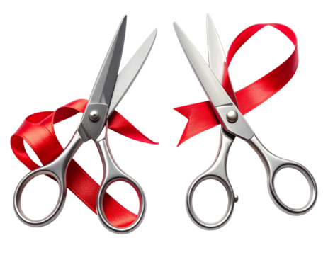 Two Silver Scissors Cutting Red Ribbon Variations in One Frame, isolated on transparent background