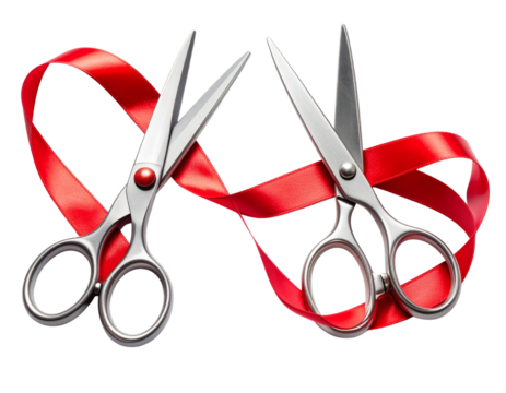 Two Silver Scissors Cutting Red Ribbon Variations in One Frame, isolated on transparent background