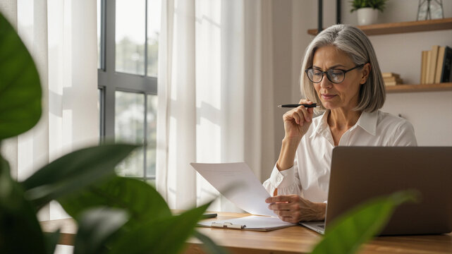 Woman with gray hair working at desk with laptop and papers near window in bright indoor setting
