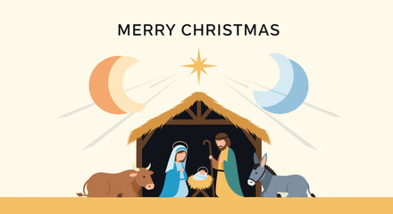 Modern flat illustration of the holy family in a nativity scene with the message 'Merry Christmas' under the star of Bethlehem.