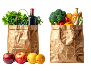 Two Brown Paper Grocery Bag Variations with Food Items in One Frame, isolated on transparent background