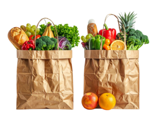 Two Brown Paper Grocery Bag Variations with Food Items in One Frame, isolated on transparent background