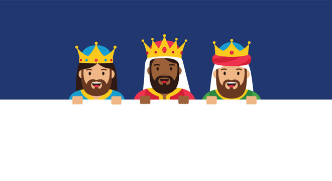 Cartoon of the three wise men or magi from the nativity story peeking over a blank white banner against a dark blue background.