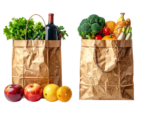 Two Brown Paper Grocery Bag Variations with Food Items in One Frame, isolated on transparent background