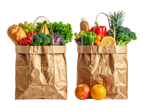 Two Brown Paper Grocery Bag Variations with Food Items in One Frame, isolated on transparent background