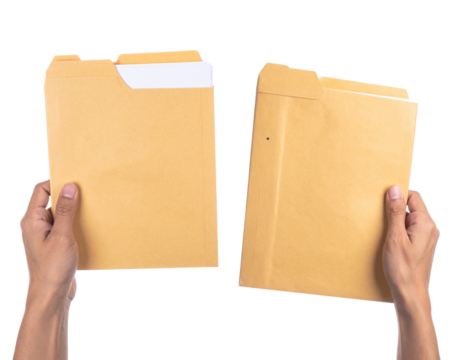 Dual Hand-Held Manila Folder Variations in One Frame, isolated on transparent background
