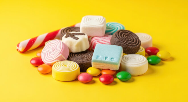 Vibrant assortment of colorful sweets and candies piled high on a bright yellow background, offering ample copy space for design.