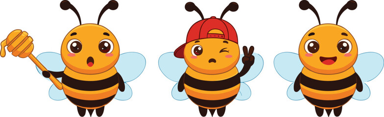 Cute cartoon bee characters, adorable honey bee mascot set, funny bees with expressions, vector illustration for kids, design and animation
