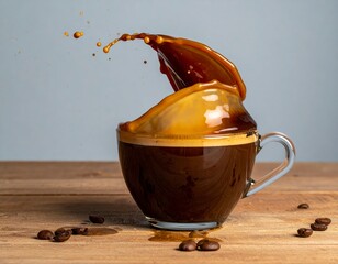 Vibrant coffee splash captured in a clear mug on a rustic wooden table with scattered beans a
