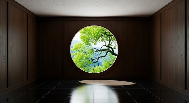 Empty square room with picturesque view through a circular window, typical of traditional Chinese architecture. The window reveals a tree with vibrant green leaves - Powered by Adobe