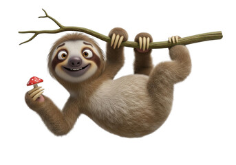 Obraz premium Smiling cartoon sloth hanging from a branch holding a mushroom isolated on transparent background for kids, web, print