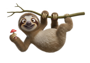 Smiling cartoon sloth hanging from a branch holding a mushroom isolated on transparent background for kids, web, print