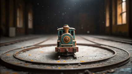 Christmas train in dark room creates weird and scary atmosphere with dust floating in air