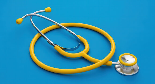 A vibrant yellow medical stethoscope, essential doctor equipment, resting on a bright blue background, symbolizing health and overcoming disease with ample copy space. - Powered by Adobe