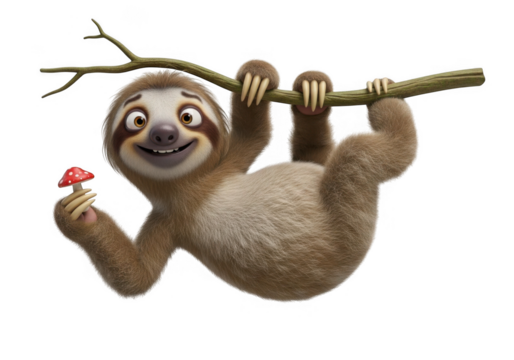 Smiling cartoon sloth hanging from a branch holding a mushroom isolated on transparent background for kids, web, print