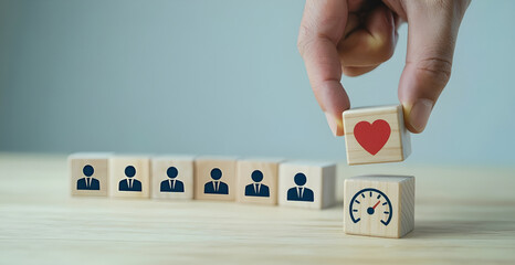 Employee engagement and happiness concept with wooden blocks in arrangement